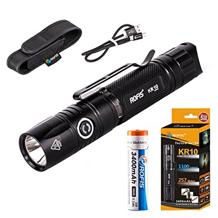 Rofis KR10 Premium CREE XP-L HI V3 LED 1100 Lumens USB Rechargeable 18650 Flashlight With 3400mAh Rechargeable Battery and Holster