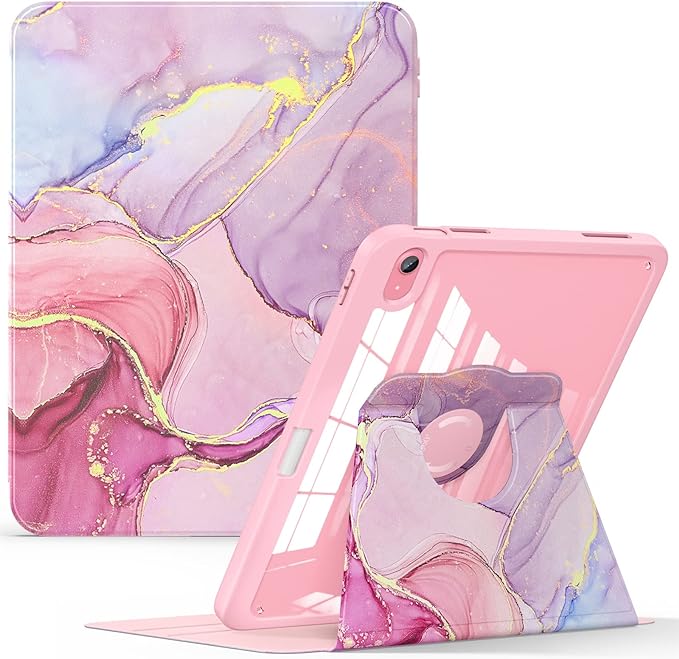 Soke Rotating Case for iPad 10th Generation 10.9-Inch 2022 with Pencil Holder - 360 Degree Rotate Stand Protective Case with Clear Back & Smart Sleep/Wake Cover - Dreamy Marble