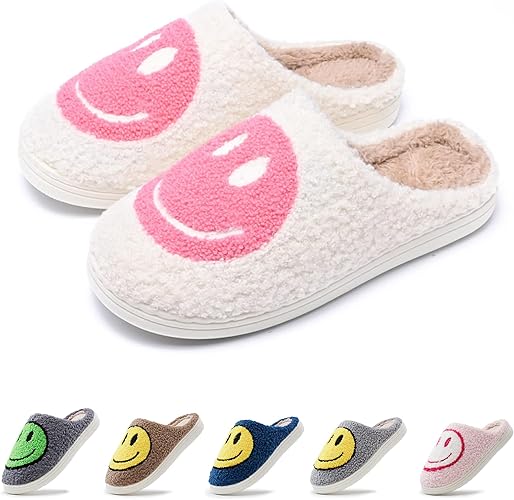 rosyclo Women and Men Cute Smile Face Slippers，Retro Happy Face Slippers Warm Soft Plush Slip-on Preppy House Slippers for Winter Indoor Outdoor Soft Cushion Non-slip Fuzzy Flat Slippers