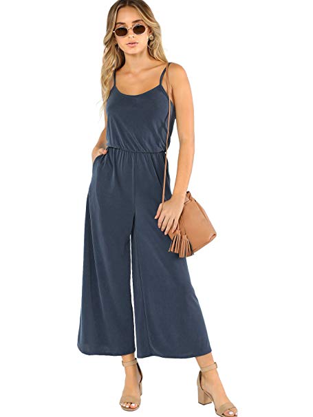 DIDK Women's Spaghetti Strap Flare Wide Leg Cami Jumpsuit Culottes