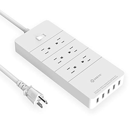 DREVO Surge Protector Power Strip with 6-Outlet, Switch Control, 5 USB Charger Port, Desktop Charging Station, 5Ft Cable (White)