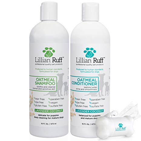Lillian Ruff Dog Oatmeal Shampoo and Conditioner Set - Lavender Coconut Scent for Itchy Dry Skin with Aloe- Deodorize and Soothe - Gentle Cleanser for Normal to Sensitive Skin (16oz.)