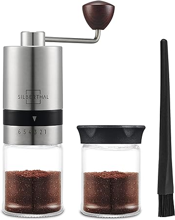 SILBERTHAL Manual Coffee Grinder – Stainless Steel – 6 Adjustable Levels – Portable Coffee Bean Grinder – with Storage Container and Cleaning Brush