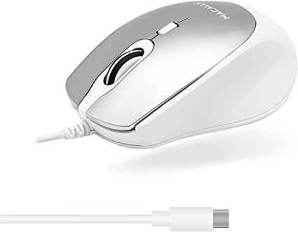 Macally USB C Mouse for Mac - Sculpted for Comfort - Wired Type C Mouse for MacBook Pro Air|iPad|PC|iOS|Android - Plug and Play USBC Apple Mouse with Ambidextrous Body and 4 DPI Modes - Silver