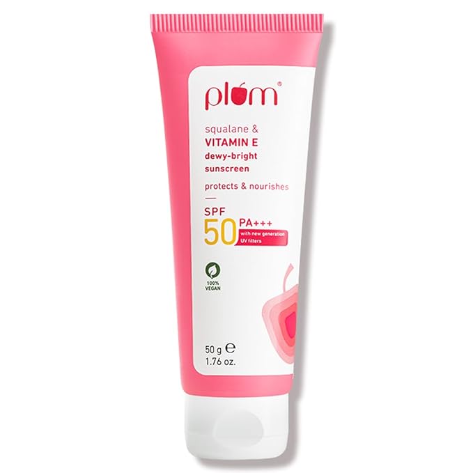 Plum Squalane & Vitamin E Dewy-Bright Sunscreen SPF 50 PA+++ | No White Cast, Lightweight, Non-Sticky | With Safest, New Generation UV Filters | Protects & Nourishes | All Skin Types | Sunscreen For Women & Men | 100% Vegan | 50 g