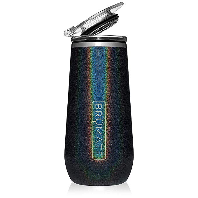 BrüMate 12oz Insulated Champagne Flute With Flip-Top Lid - Made With Vacuum Insulated Stainless Steel (Glitter Charcoal)