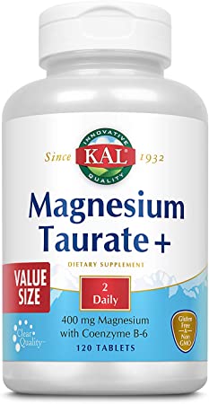 KAL Magnesium Taurate Plus 400mg w/Coenzyme B6 | Highly Bioavailable, Chelated, Vegan | for Normal Nerve, Muscle Function and Heart Health (120 CT)