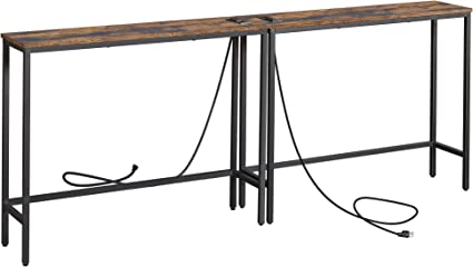 ELYKEN 2 Pack Console Sofa Table with Power Outlets for Entryway, 9.8" Dx39.4 Wx31 H Long Skinny Behind Couch Table with Metal Frame and 6.5’ Extension Cord for Hallway Foyer Entrance