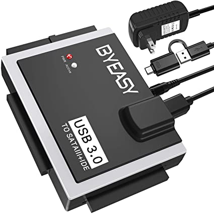 BYEASY SATA/IDE to USB 3.0 Adapter, USB-A and USB-C Plugs Hard Drive Adapter for Universal 2.5"/3.5" Inch IDE and SATA External HDD/SSD with 12V 2A Adapter, Support 12TB for Windows and Mac OS HD02