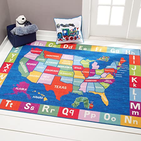 Home Dynamix Eric Carle Elementary USA Map Educational Kids Area Rug 6'6"x9'5" Blue/Red