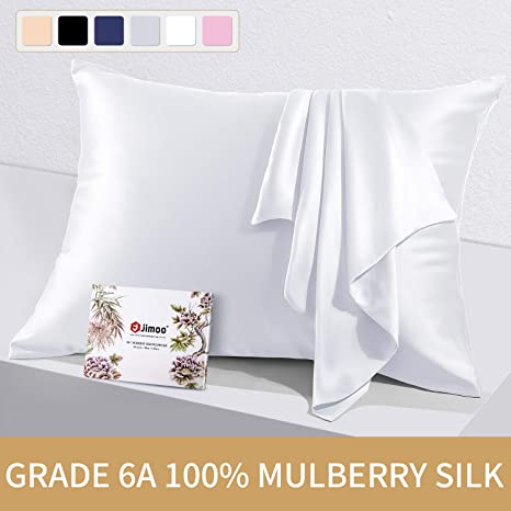 J JIMOO Silk Pillowcase for Hair and Skin, 100% Mulberry Silk Bed Pillow Case with Hidden Zipper, Both Side 19 Momme Silk Pillow Covers 1 Pack (Standard 20×26 inch White)