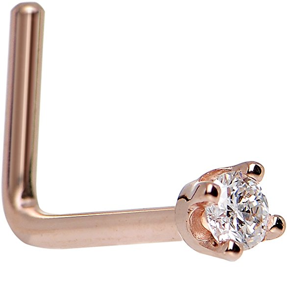 Solid 14k Rose Gold 2mm Cubic Zirconia L Shaped Nose Ring 20 Gauge 1/4"