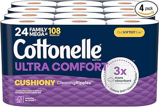 Cottonelle Ultra Comfort Toilet Paper with Cushiony CleaningRipples Texture, 24 Family Mega Rolls (24 Family Mega Rolls = 108 Regular Rolls) (4 Packs of 6), 296 Sheets per Roll, Packaging May Vary