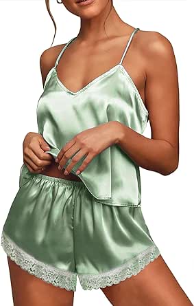 Ekouaer Satin Pajamas Women Lace Sleepwear Lingerie Cami Shorts Set Nightwear XS-XXL