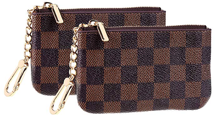 Rita Messi Luxury Checkered Zip Coin Pouch Purse Change Holder Wallet with Key Chain 2 pcs Set
