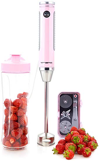 Vremi Strawberry Cream 350 Watt Slim Hand Blender with Bottle - Professional 4-Blade 8-Speed Immersion Emulsion Stick - Small & Compact for Convenience - Blend Smoothies To-Go