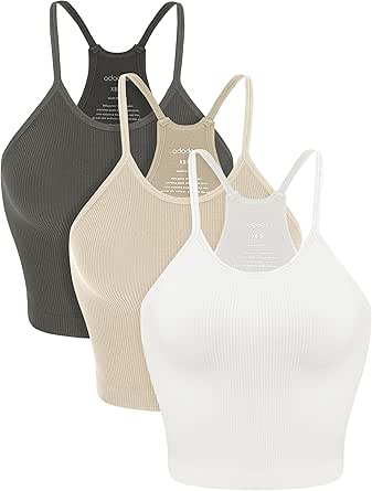 ODODOS Women's Crop 3-Pack Washed Seamless Rib-Knit Camisole Crop Tank Tops