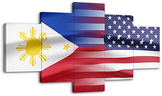 Philippines and USA Flag Wall Art Canvas Prints Filipino Philippine National Flags Home Decor for Living Room Office Bedroom Pictures 5 Panel Posters Painting Framed Ready to Hang (70"Wx40"H, g)