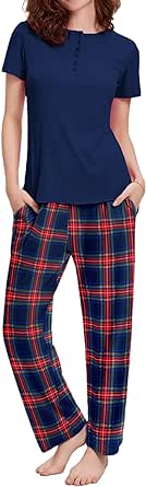 Ekouaer Womens Pajamas Sets Soft Ribbed Knit PJs Short Sleeve Tops and Plaid Pants Matching Sets Lounge Set