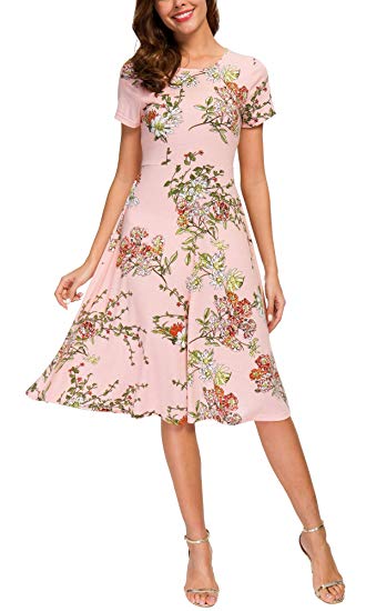 Urban CoCo Women's Floral Print Short Sleeve Flared Midi Dress