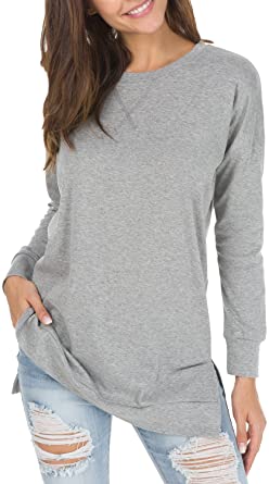 levaca Women's Fall Long Sleeve Side Split Loose Casual Pullover Tunic Tops