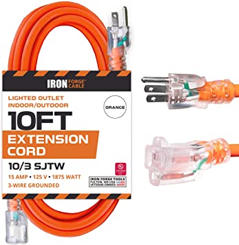 Iron Forge Cable 10 Foot Lighted Outdoor Extension Cord - 10/3 SJTW Orange 10 Gauge Extension Cable with 3 Prong Grounded Plug for Safety, 15 AMP - Great for Garden and Major Appliances