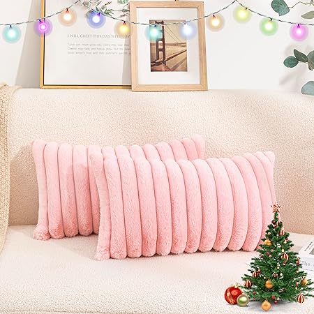 Uhomy Set of 2 Faux Fur Home Decorative Throw Pillow Cover Luxury Super Soft Fuzzy Striped Furry Pillowcase for Sofa Couch Bedroom Comfy Thick Fluffy Plush Cushion Cover 12x20 Inch Light Pink 30x50 cm