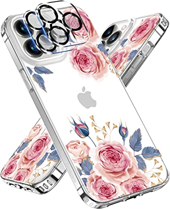 Gospire Clear Flower Case for iPhone 13 Pro Max 6.7 Inch with 2 Pack Camera Lens Protector, Clear Floral TPU Bumper Shockproof iPhone 13 Pro Max Rose Pattern Protective Case for Women Girls (Rose)