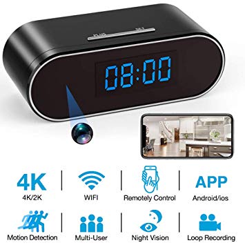 Hidden Camera Clock 4K WiFi Wireless 2019 Newest IP Camera with Seven Level Motion Detection Sensitivity,Password Protection and Automatically Turn on/off IR Light Function for Home via iPhone/Android