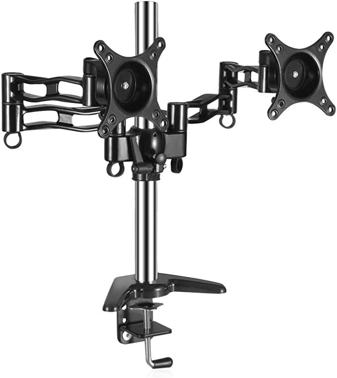 TNP Dual Monitor Stand Mount - Dual Arm Monitor Desk Stand Riser w/VESA Mount Bracket Fully Adjustable for Computer Flat Screen LCD Display 10-27" Motion Tilt Swivel Rotate with Clamp Grommet Base