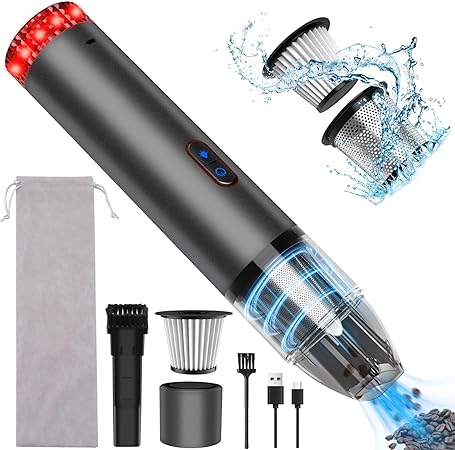 JCHOPE Handheld Vacuum,14KPa High Power Suction Mini Car Vacuum with LED&SOS Light, Car Vacuum Cleaner with 2 Filters, Low Noise Hand Held Vacuum Cordless for Car/Home/Office