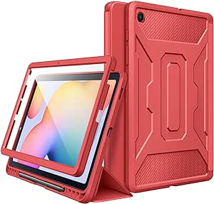 MoKo Case for Samsung Galaxy Tab S6 Lite 10.4-Inch 2024/2022/2020,9H Clear HD [Built-in Screen Protector] Full-Body Military-Grade Trifold Stand Cover with Auto Sleep/Wake & Pencil Holder, Red