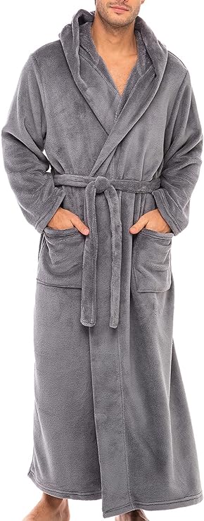 Alexander Del Rossa Men's Soft Plush Fleece Hooded Bathrobe, Full Length Long Warm Lounge Robe with Hood