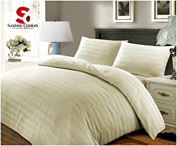 100% Egyptian Cotton 7 Gorgeous Colors 300 Thread Count Satin Stripe Beautiful Duvet Cover Sets Size Double King Super King (Double, Striped Cream)