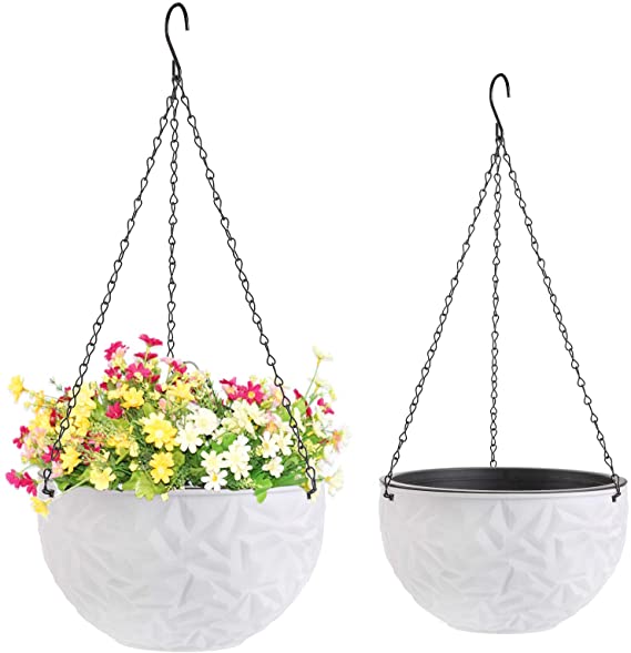 Foraineam 2 Sizes Dual-pots Design Hanging Planters, Self-Watering Garden Plant Pots Indoor Outdoor Flower Hanging Baskets with Drainer and Hanging Chain, White