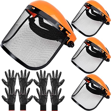 4 Pack Mesh Face Shield with Safety Helmet Full Face Protective Shield Wire Mesh Visor for Weed Eating Outdoor Graden Yard Work Industrial Forestry Chainsaw Trimmer Face Shield (Include 4 Work Gloves)