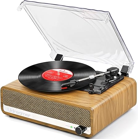 Vinyl Record Player with Speaker Bluetooth Turntable Vintage Portable Vinyl Player Support USB AUX-in Headphone RCA Line-Out Adjustable Needle Pressure 3 Speed Belt-Driven Auto-Stop Mirror Design