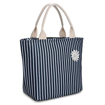 VARANO Lunch Bag - Insulated Reusable Lunch Tote Organizer Bag / Large Capacity Lunch Box Foldable Lunch Tote Cooler for Women and Girls Adults, Perfect for Travel, Picnic, Work, School (Blue/White Stripe)