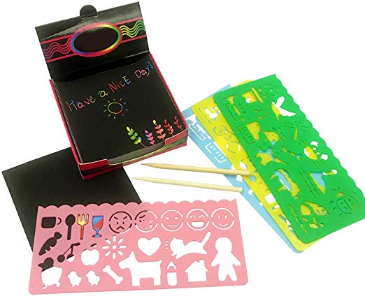 DoTebpa 100 Count Scratch Art papers,Rainbow Art Scratch Boards with Two Wooden Stylus and 4 Drawing Template Stencil Rulers For Kids Of All Ages