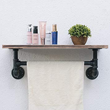 Industrial Pipe Shelf,Rustic Wall Shelf with Towel Bar,24" Towel Racks for Bathroom,1 Tiered Pipe Shelves Wood Shelf Shelving