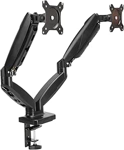 Amazon Basics Gas Spring Dual Computer Monitor Arm Mount, Adjustable, Holds up to 27" Monitors, Black