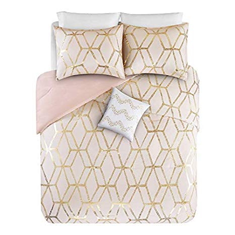 Comfort Spaces Ultra Soft 4 Pieces Full/Queen Comforter Set - [Blush Pink, Gold] - Metallic Brushed Microfiber and Goose Down Alternative Comforter for All Season