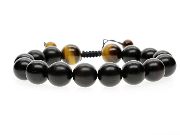 AmorWing 12mm Men's Black Wood and Brown Tiger Eye Prayer Bracelet