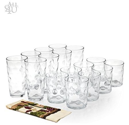 All 4 You 16 Piece Elegant Eclipse Glassware Set, 8 Cooler Glasses 16 oz & 8 DOF Glasses 13 oz Drinking Glasses, Set of 16   1 Hand Towel