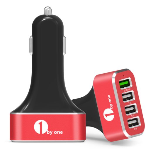 1byone QC 2.0 Car Charger, High Speed Charging 9.6A, 5V / 9V / 12V with 4-Port USB with Smart IC Chip, Safety Protection for Apple and Android Devices, Red & Black