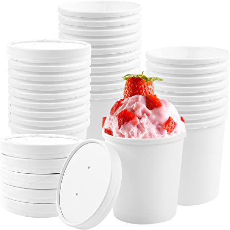 30Pack 16oz Paper Ice Cream Cups with Lids Disposable Soup Containers for Hot or Cold Dessert Bowls for Sundaes Soup, White