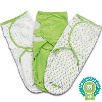 Swaddle Blanket Adjustable Infant Baby Wrap Set by Ziggy Baby 3 Pack Soft Cotton in Grey Chevron Polka Dot and Solid Green - Best Baby Shower Gift for Boys Girls Unisex