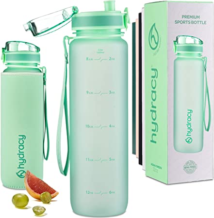 Hydracy Water Bottle with Time Marker - Large 1 Liter BPA Free Water Bottle - Leak Proof & No Sweat Gym Bottle with Fruit Infuser Strainer for Fitness or Sport & Outdoors