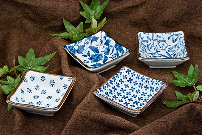 Authentic Japanese Porcelain Square Shape Condiment or Sauce Dish for Appetizer Dessert Salad Snack Candy Fruit Multi Purpose Platter Dishes 3.5 Inch Square Assorted Designs 4 Piece Pack Made in Japan