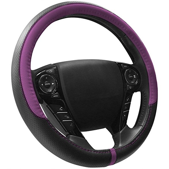 COFIT Breathable and Non Slip Microfiber Leather Steering Wheel Cover Universal 15 Inch - Purple and Black